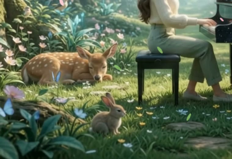A fawn resting among flowers beside the piano