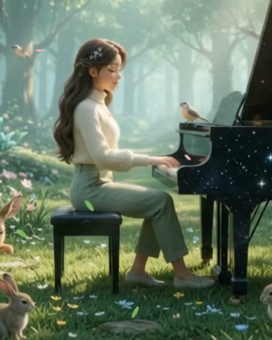 Wen at a grand piano in a sunlit forest clearing