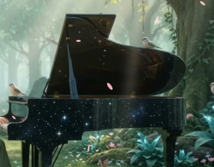 Birds perched on the lid of a starry grand piano